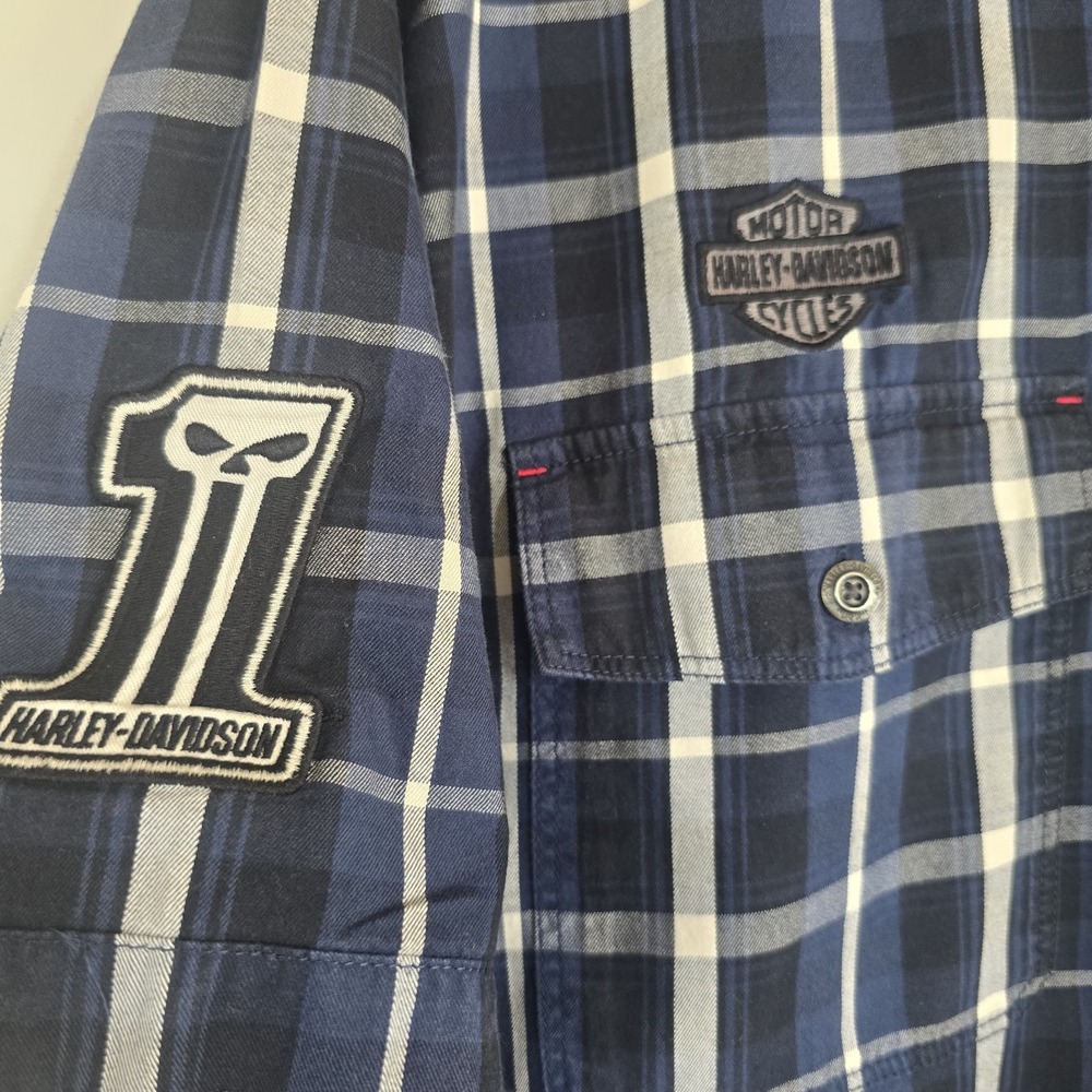 Harley Davidson Navy Multi-Patch Plaid Mechanic Short Sleeve Shirt Slim 2XL.D131 - Picture 4 of 13